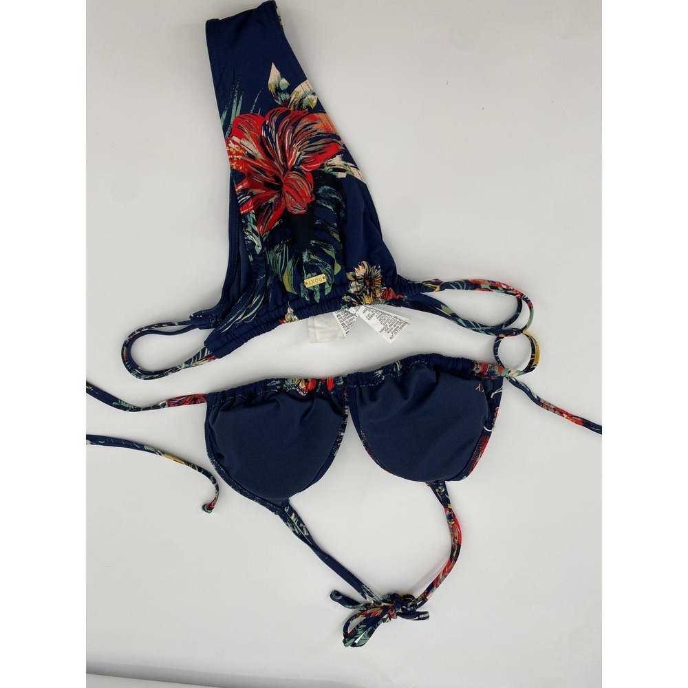 Roxy Bikini Swimsuit Womens M/L Navy Blue Floral Tropical Triangle Side Tie 2pc‎ - Picture 5 of 5
